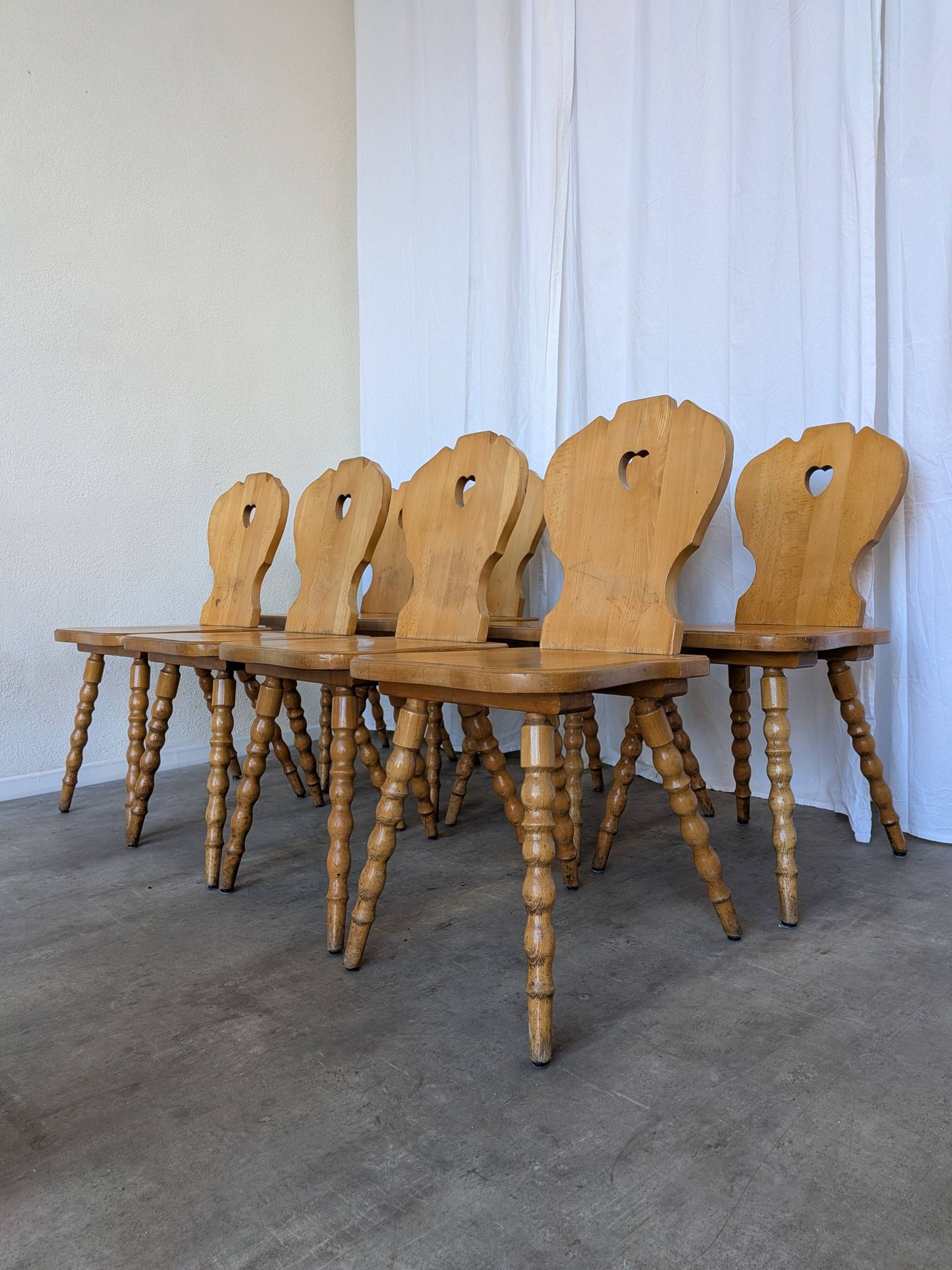Set of 8 Vintage Tyrolean Heart Cutout Wooden Dining Chairs, Rustic Farmhou