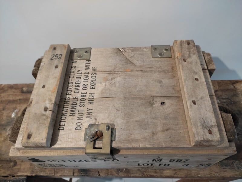 Vintage wooden case military ammunition