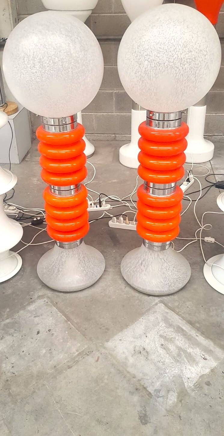 Paire de lampadaires vintage en verre de Murano orange italien de style Space-Age