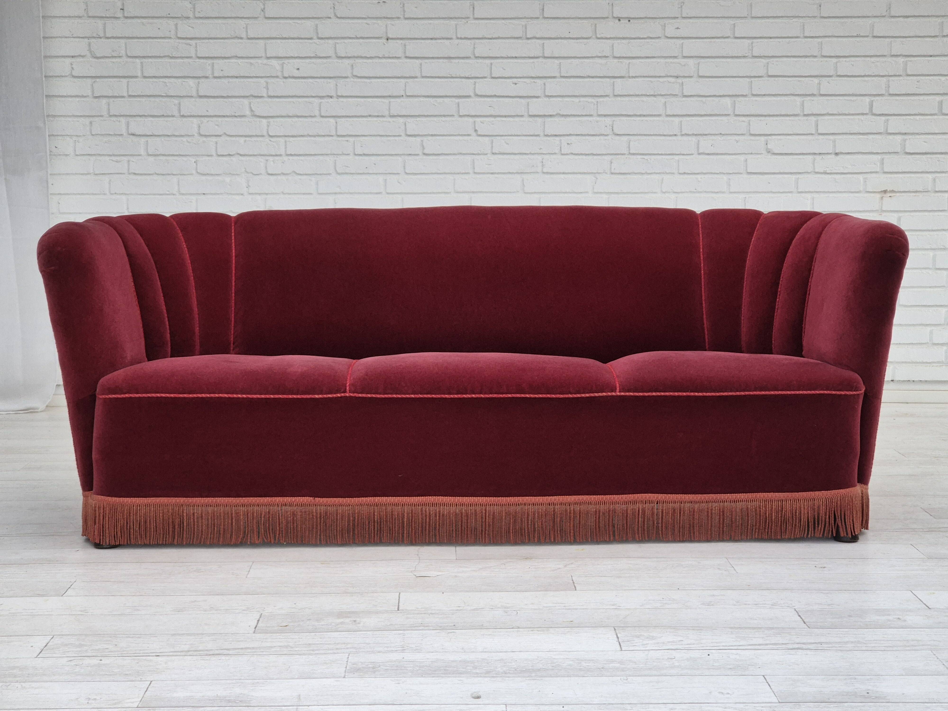 1960s, Danish 3 seater sofa, original condition, cherry-red furniture velour.