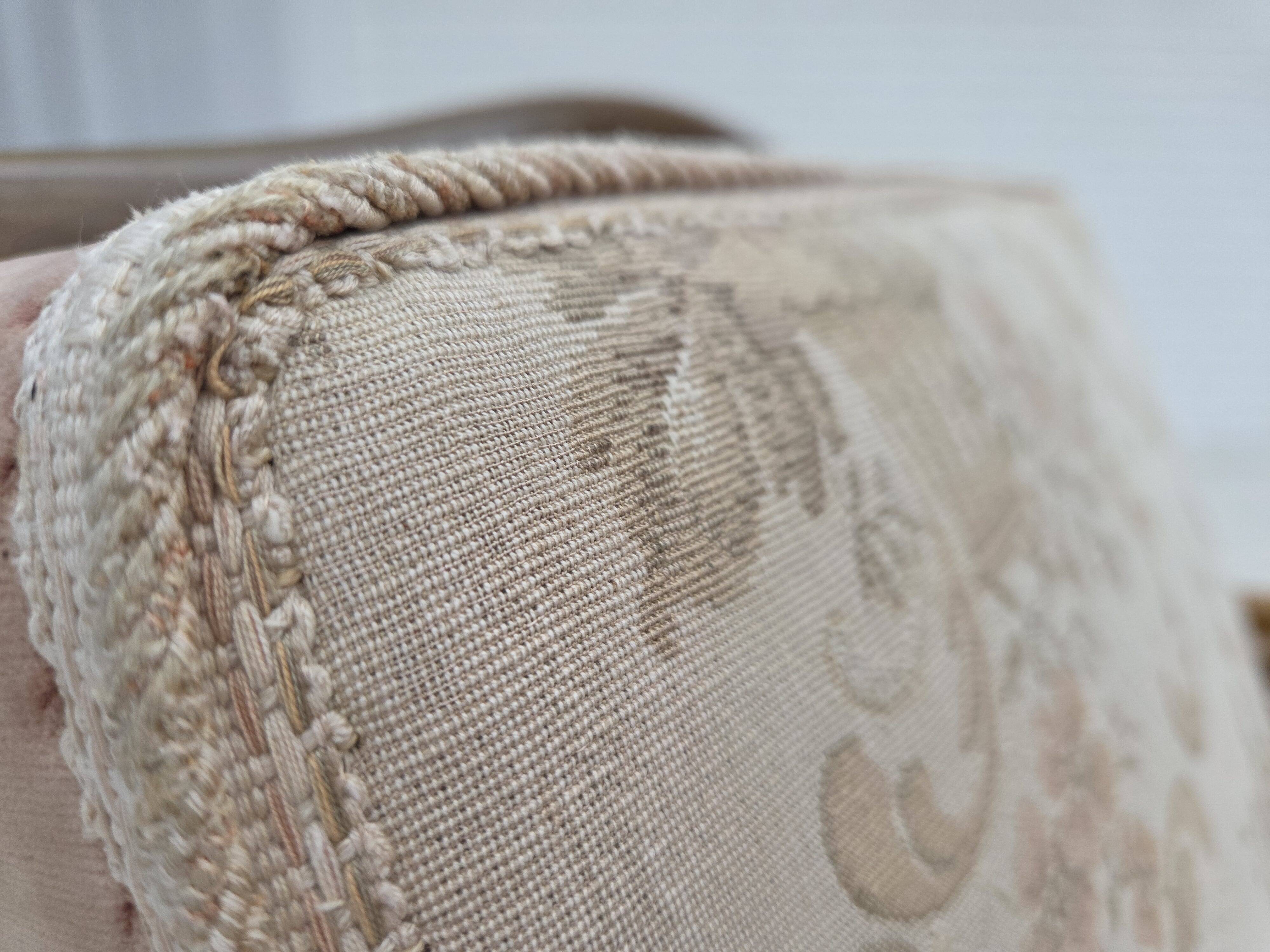 1940s, Danish armchair, woven wool, velour, mesh, carved oak wood.