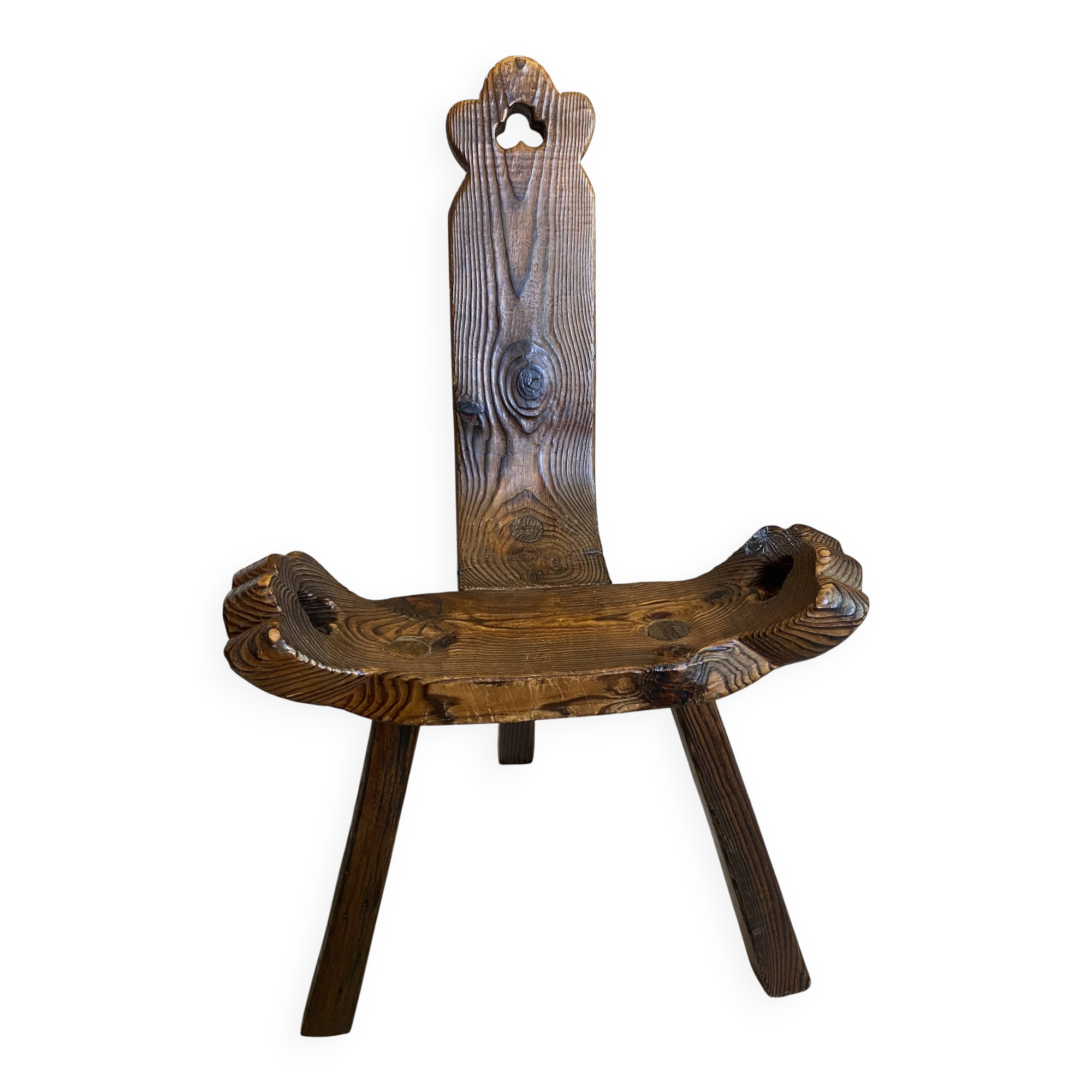 Brutalist tripod chair n1, carved solid wood, antique.