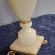 Table lamp, yellow marble and brass foot, silk pagoda lampshade, doubled, vintage, ht 40 cm