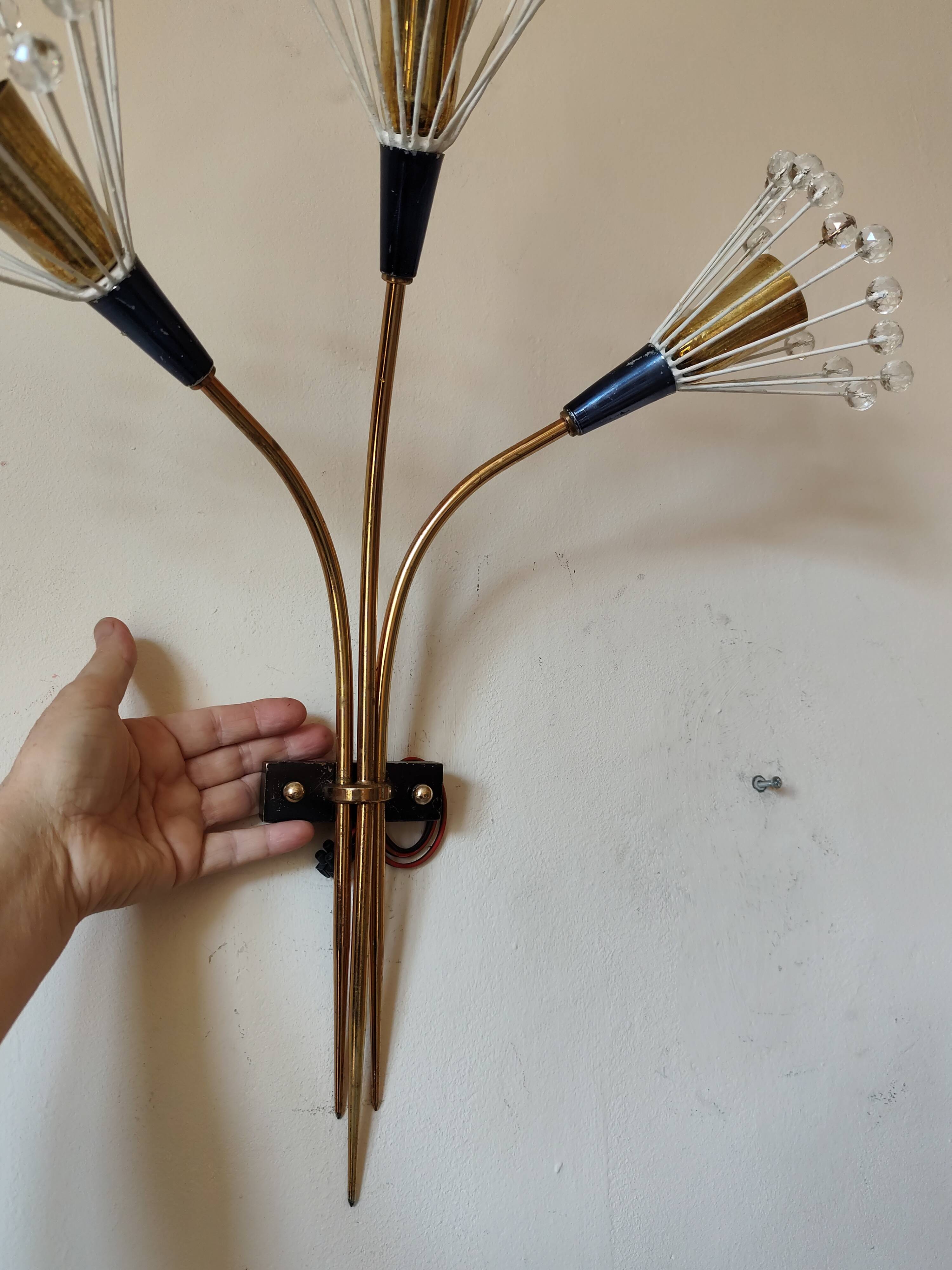 Wall lamp with 3 lights, brass and crystal balls, 1950s.
