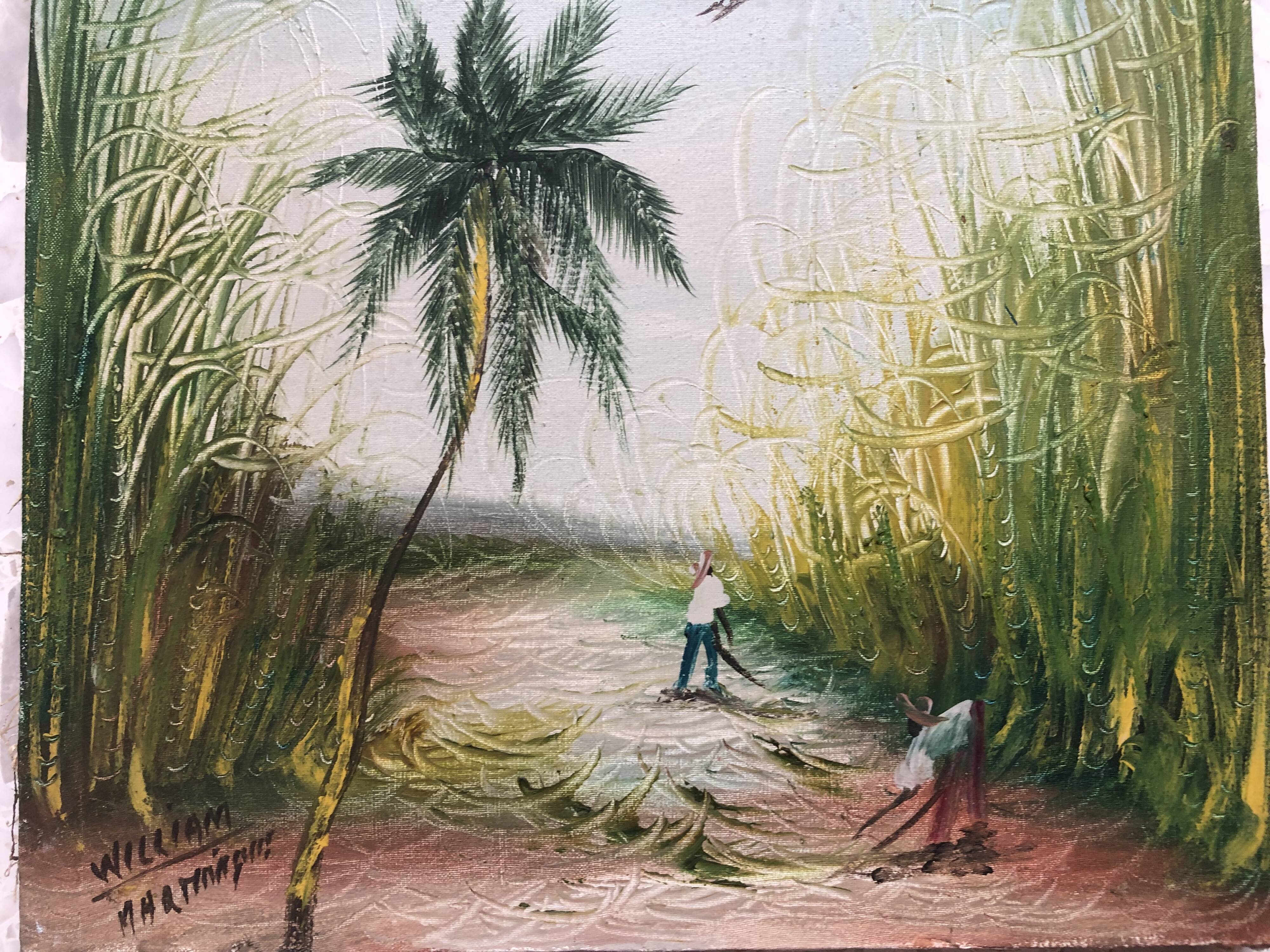 Painting oil on canvas the sugar cane cup in martinique signed william 1980, antilles hst