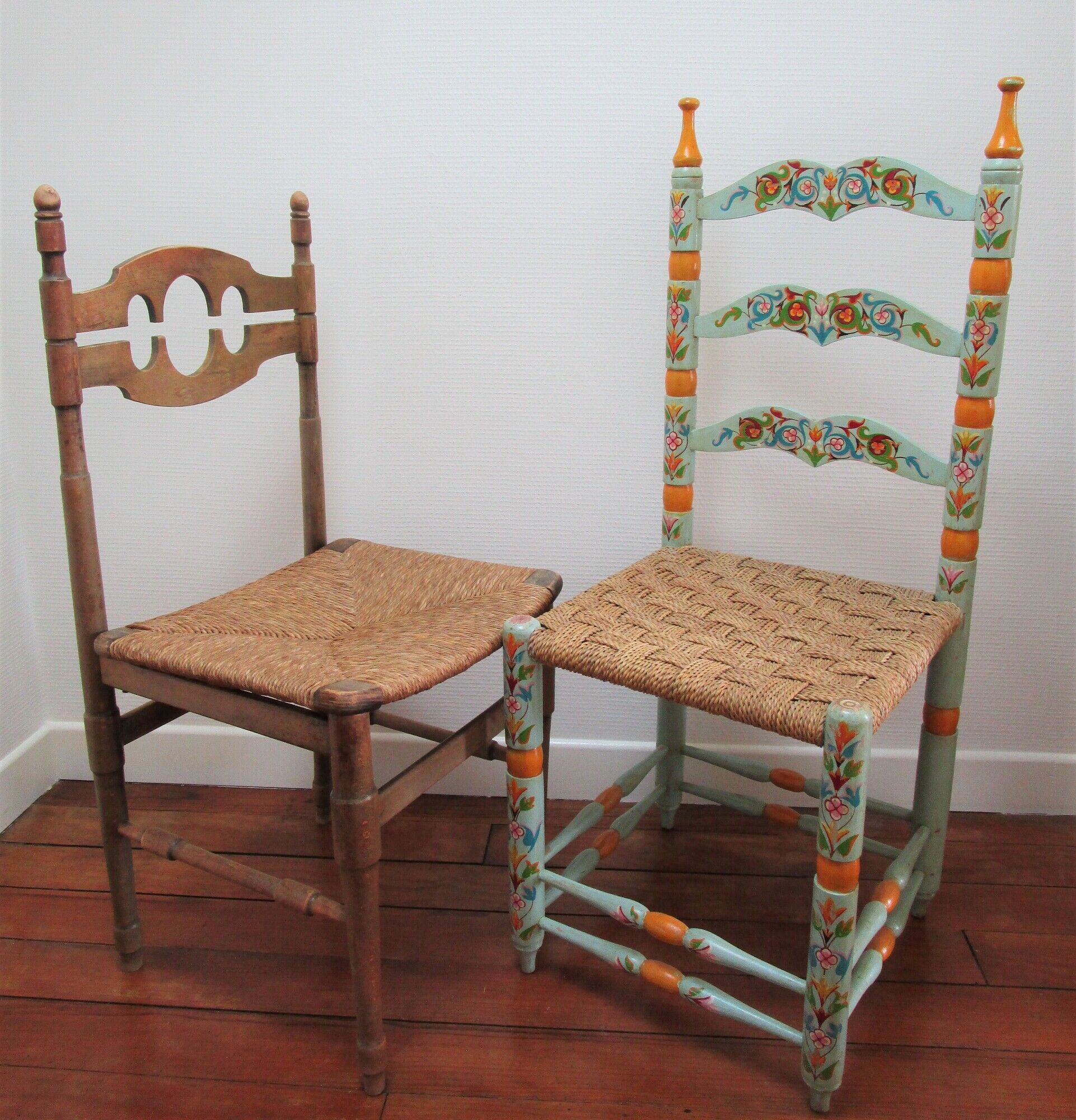 Two chairs patinated polka dots and painted wood folk art seat vintage straw