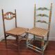 Two chairs patinated polka dots and painted wood folk art seat vintage straw
