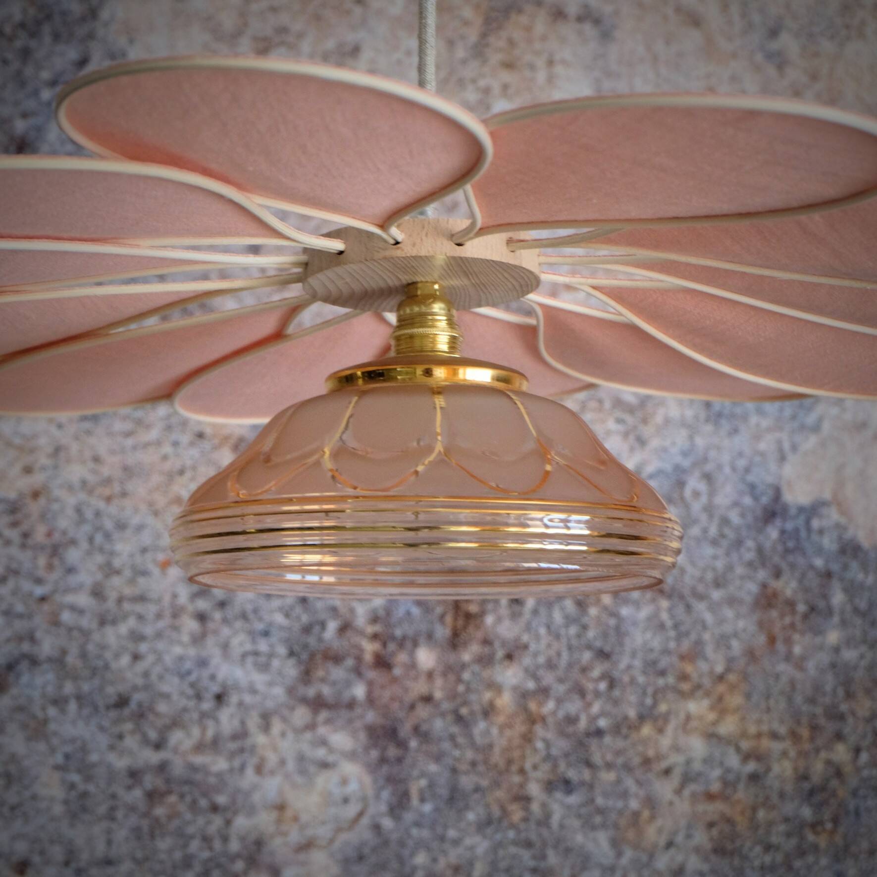 Pink Rattan and Linen Flower Pendant Light and Vintage Pink Translucent Globe