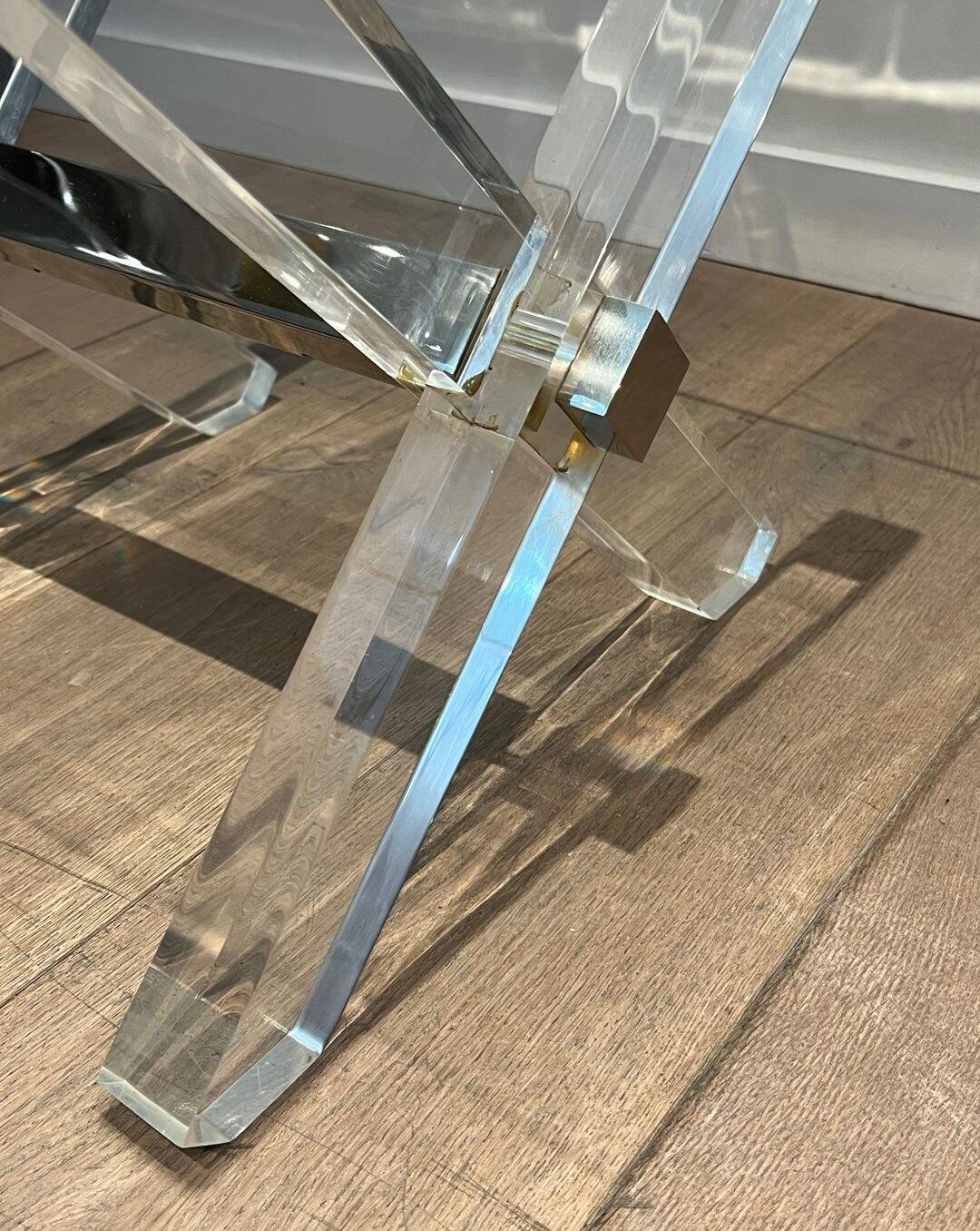 Pair of Plexiglass and Chrome Side Tables with X-shaped Legs, Work