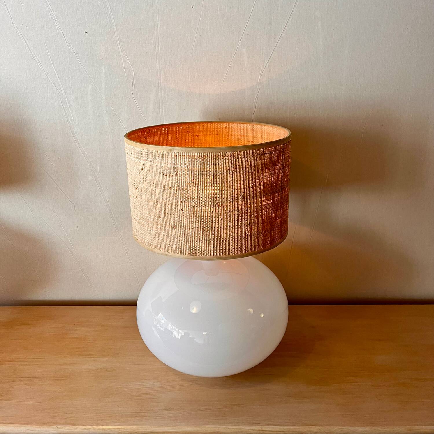 Opaline glass lamp with a rattan shade Anne Nilsson IKEA