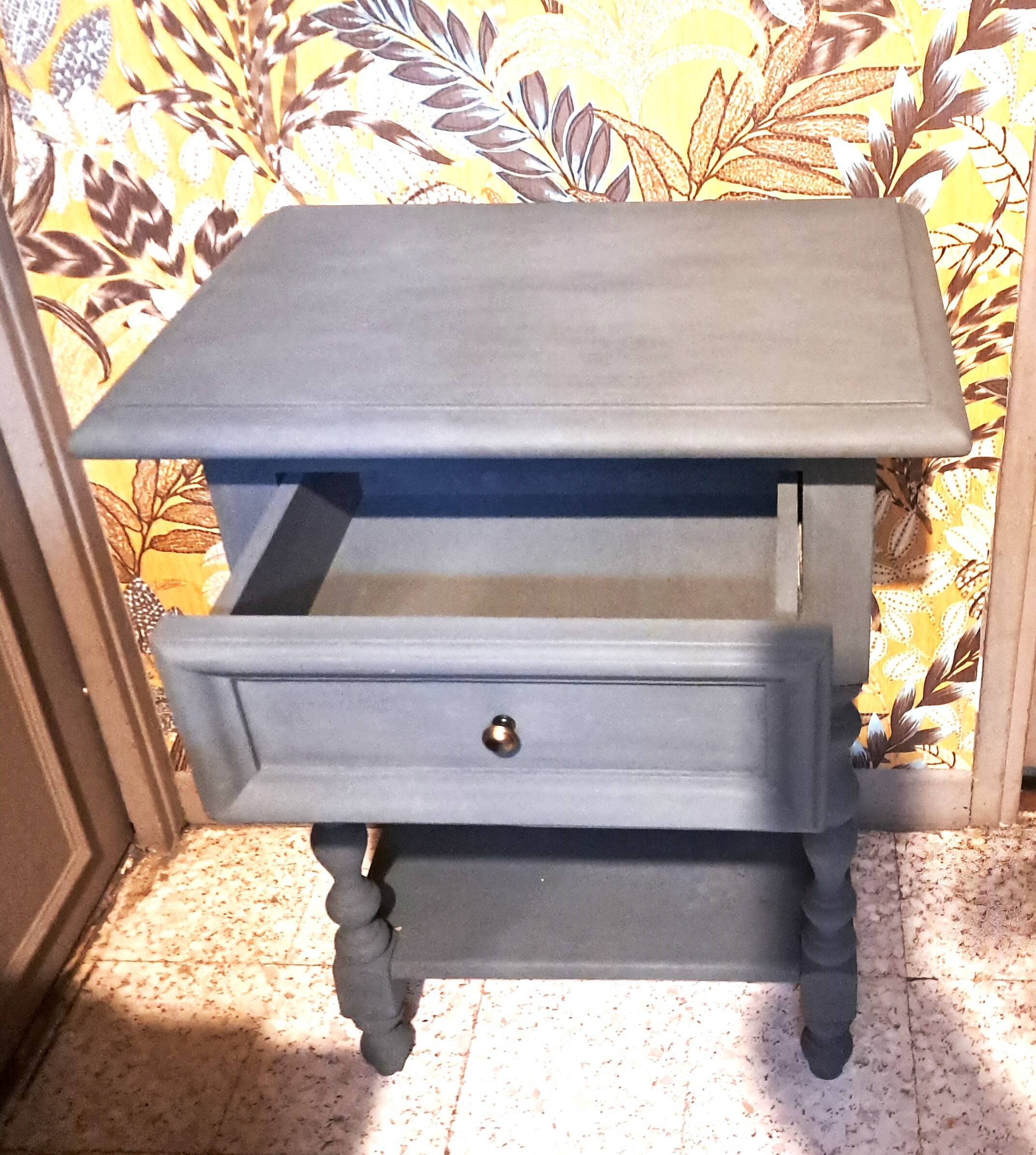 Restored 1900 bedside table in solid wood painted in Gustavian grey