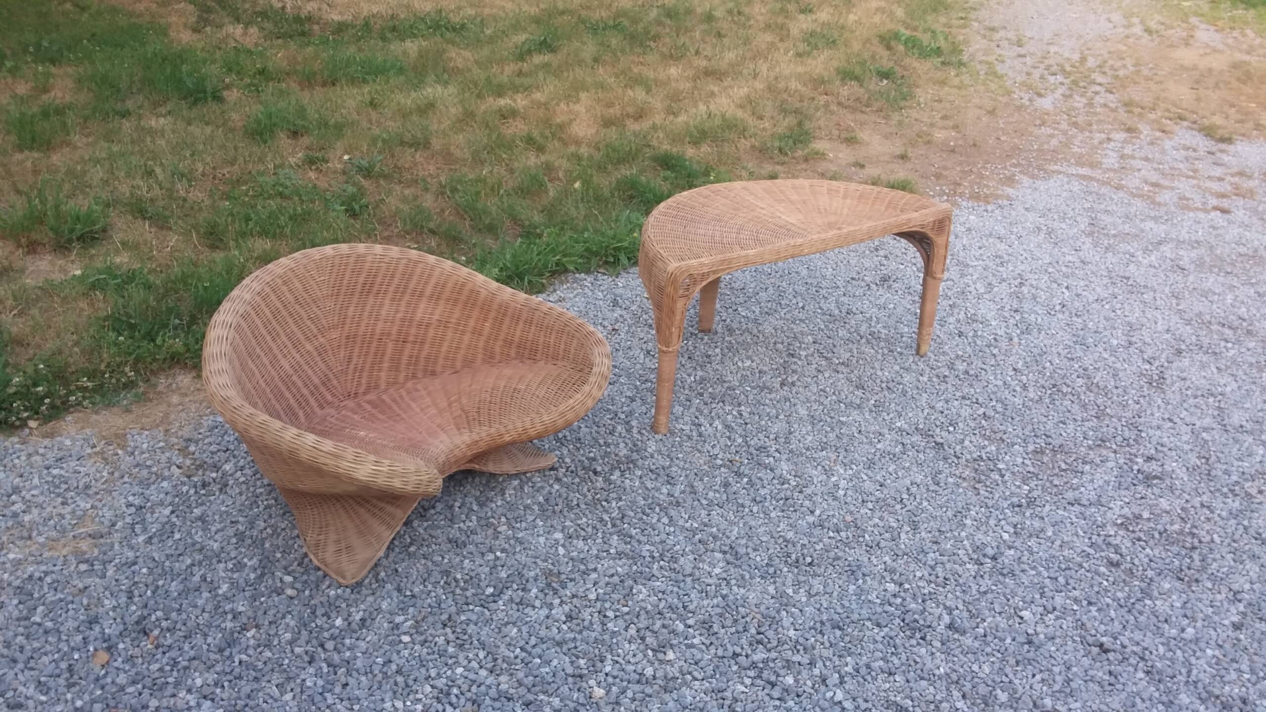 Rattan armchair and rattan coffee table from the 70s