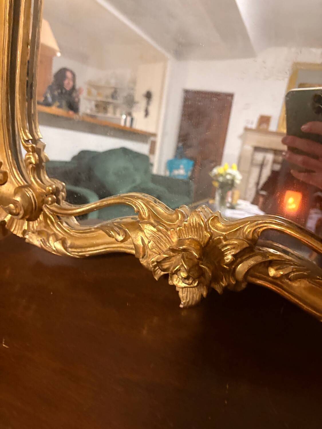Antique Large Gilded Mirror in Wood Louis XVI Style with Quiver Pediment