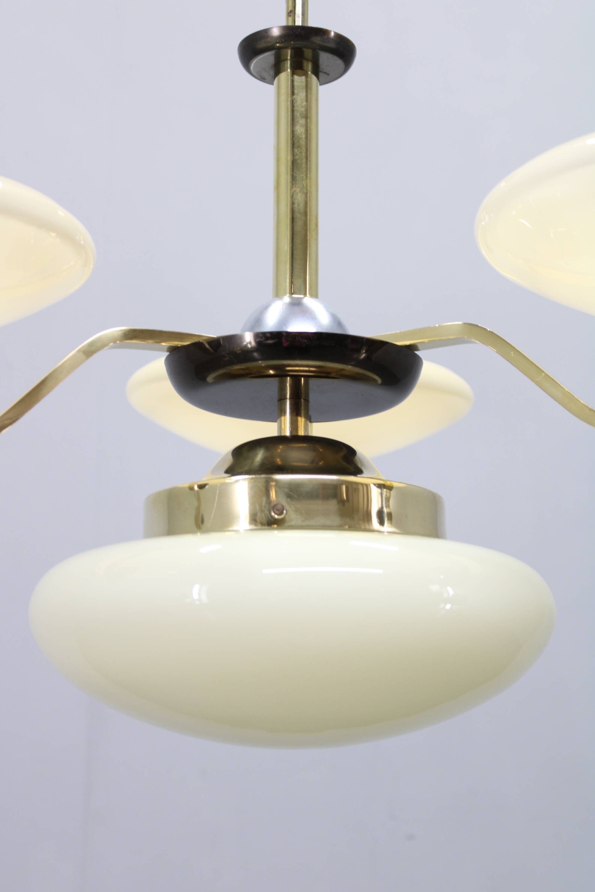 Art Deco brass and aluminum chandelier with cream glass, Czechoslovakia 1930s