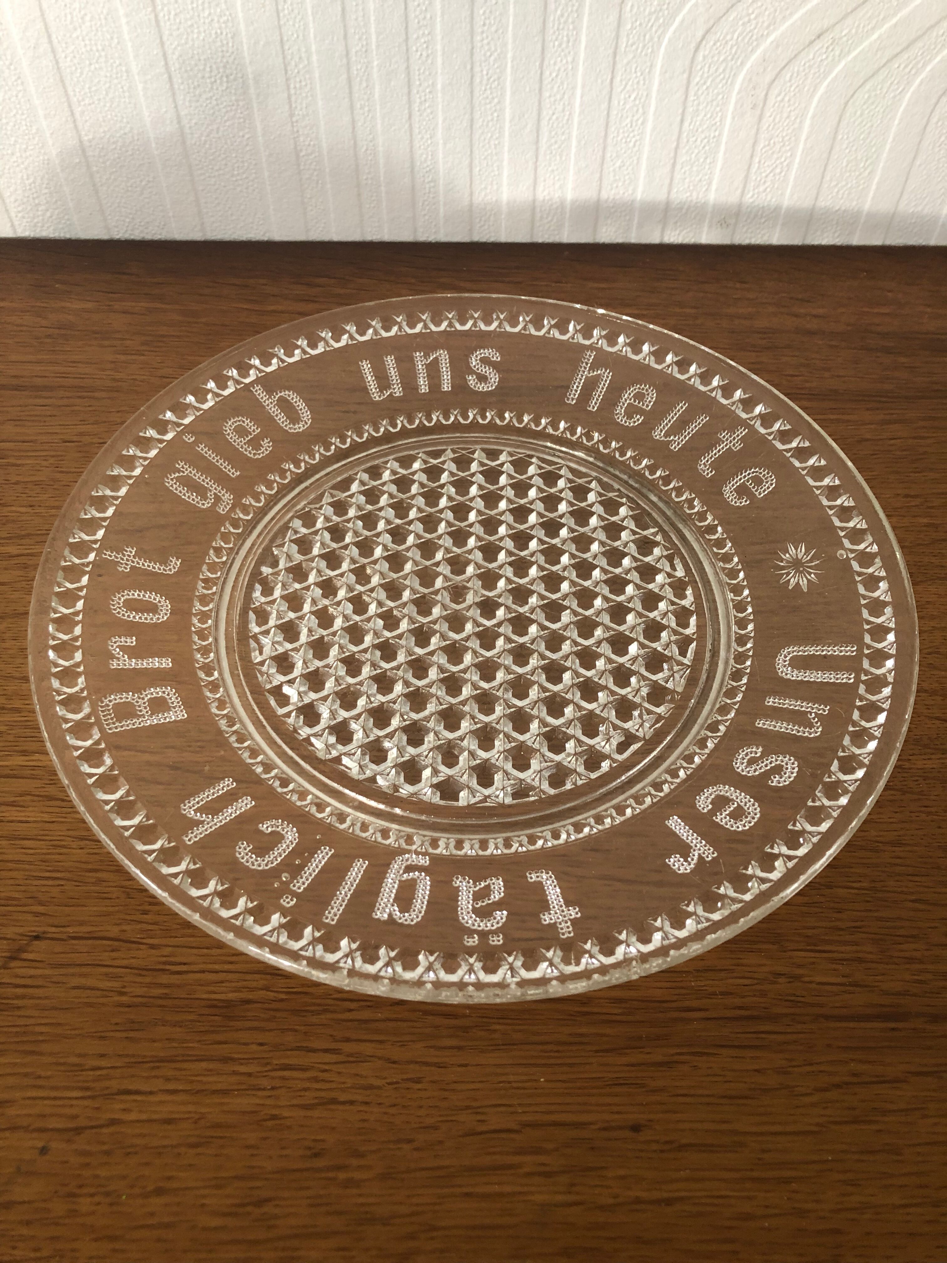 Cut glass cheese dish with inscription in German