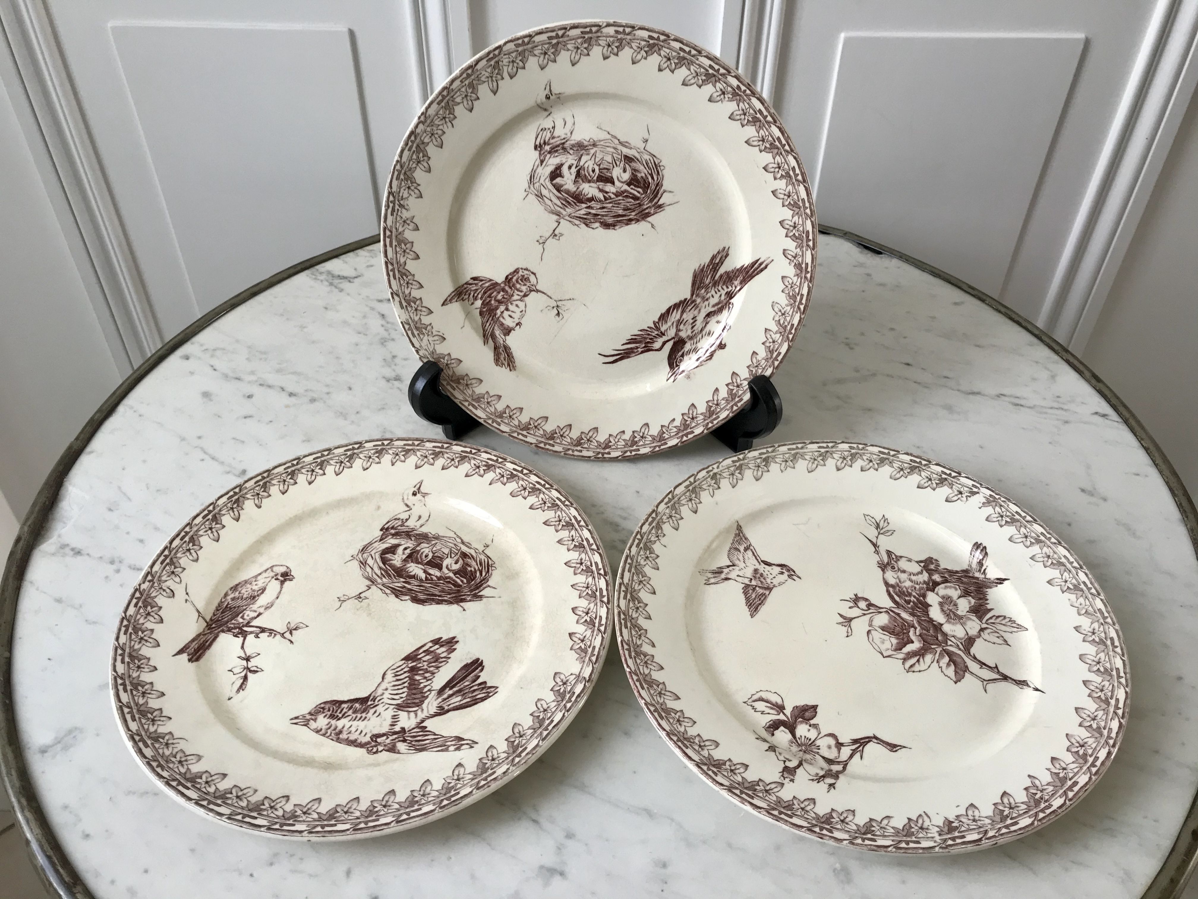 Trio of dessert plates Terre de Fer, faience digoin Sarreguemines, Buffon model