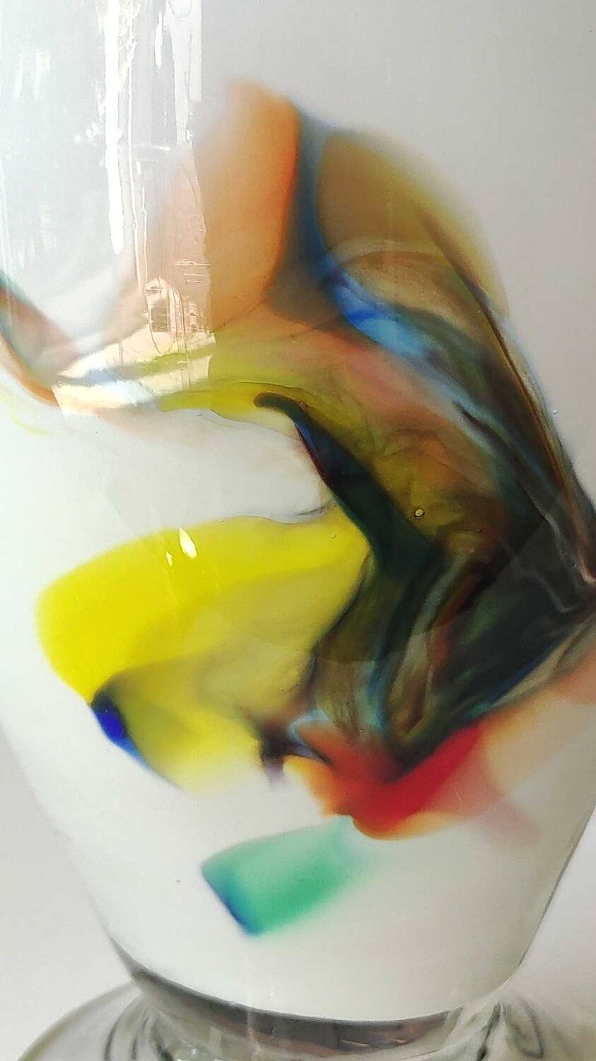 Flamed vase/volutes in white opaline/polychrome Art Glass. Murano style. High 23.5 cm