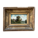 Tableau peinture ancienne paysage animé Théodore Ghirardi XIXe