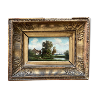 Tableau peinture ancienne paysage animé Théodore Ghirardi XIXe