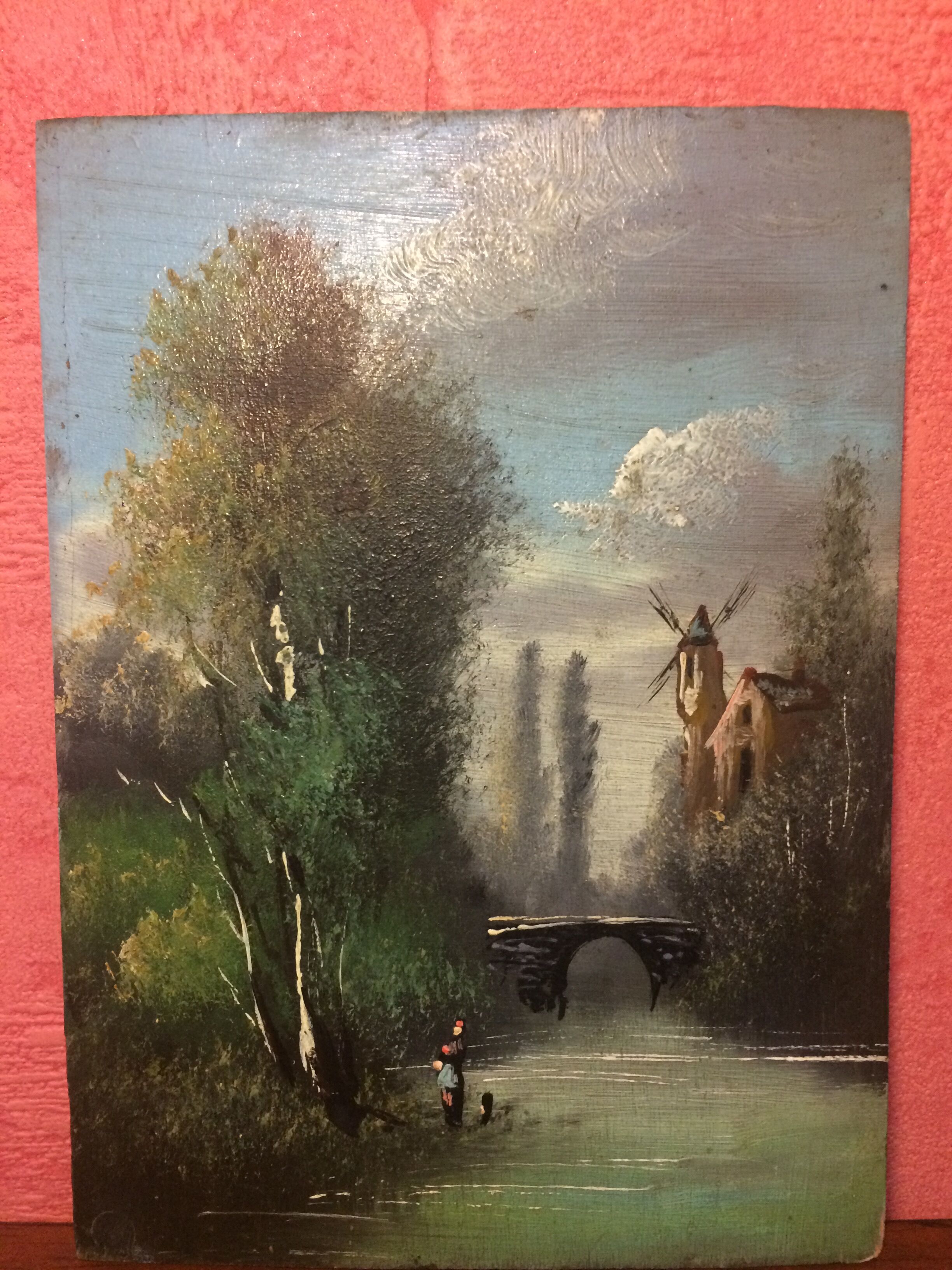 Pair Old Oil Table on Panel View River 19th Vintage Campaign