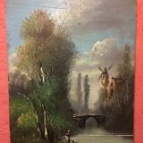Pair Old Oil Table on Panel View River 19th Vintage Campaign