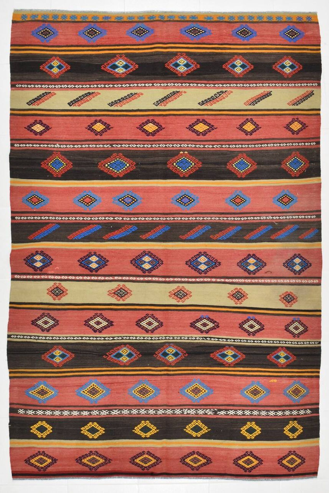 6x9 Blue & Red Details Kilim Rug,Modern Mid Century,Wool Area Rug,175x261Cm