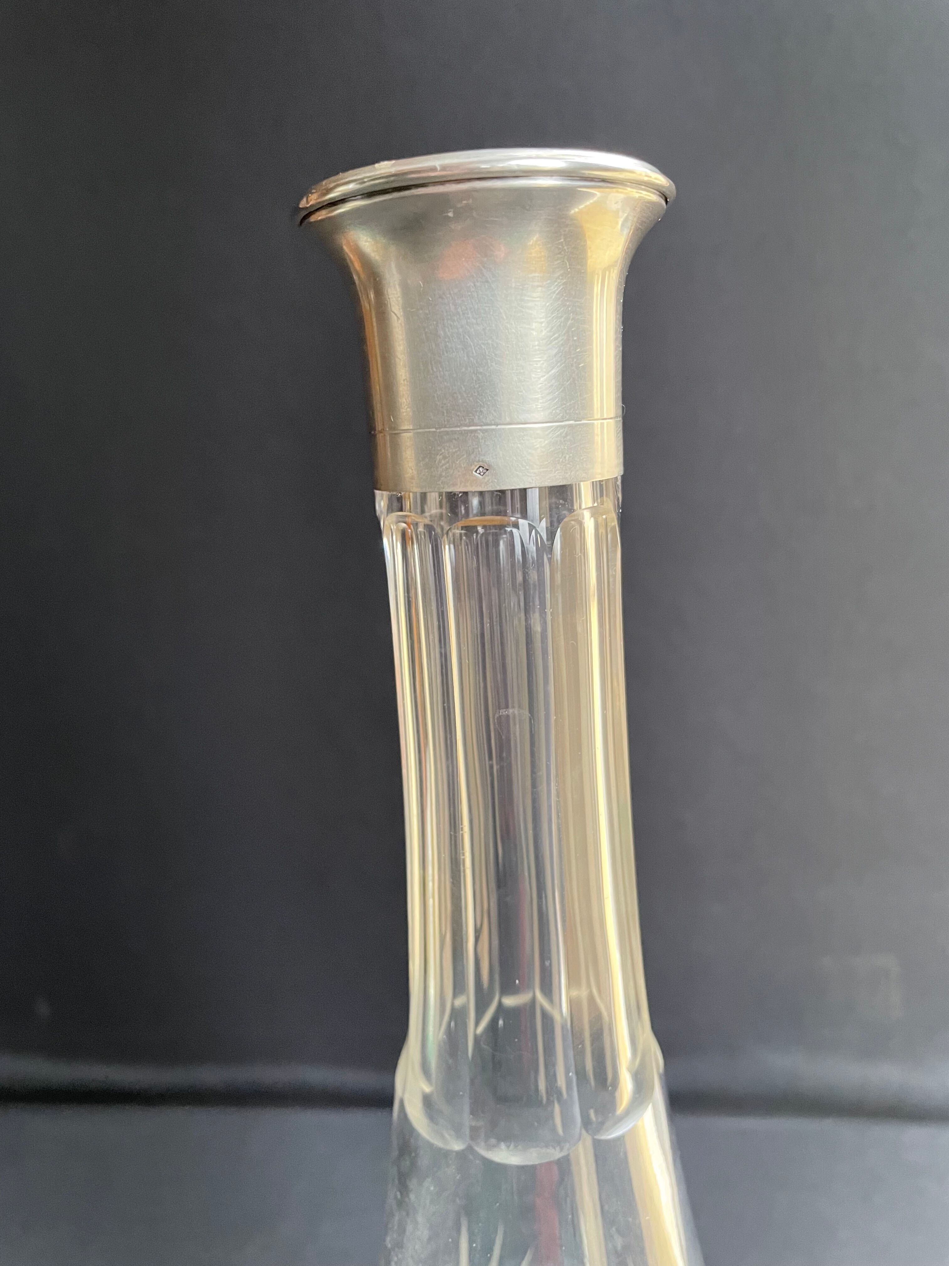 Blown crystal decanter, cut and silver collar