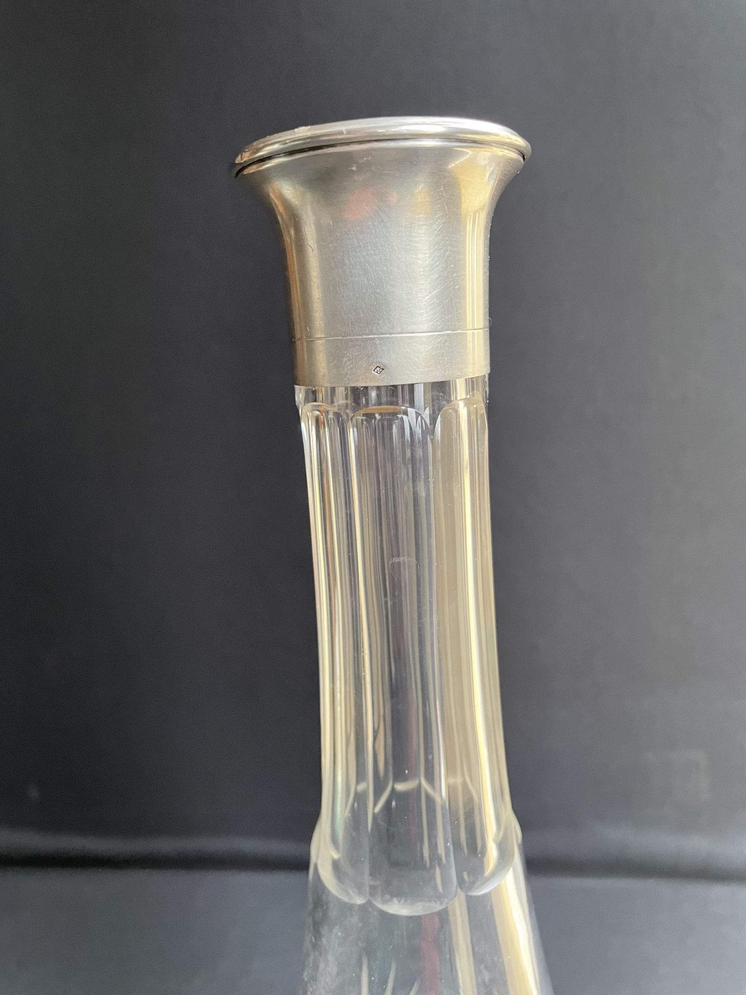 Blown crystal decanter, cut and silver collar