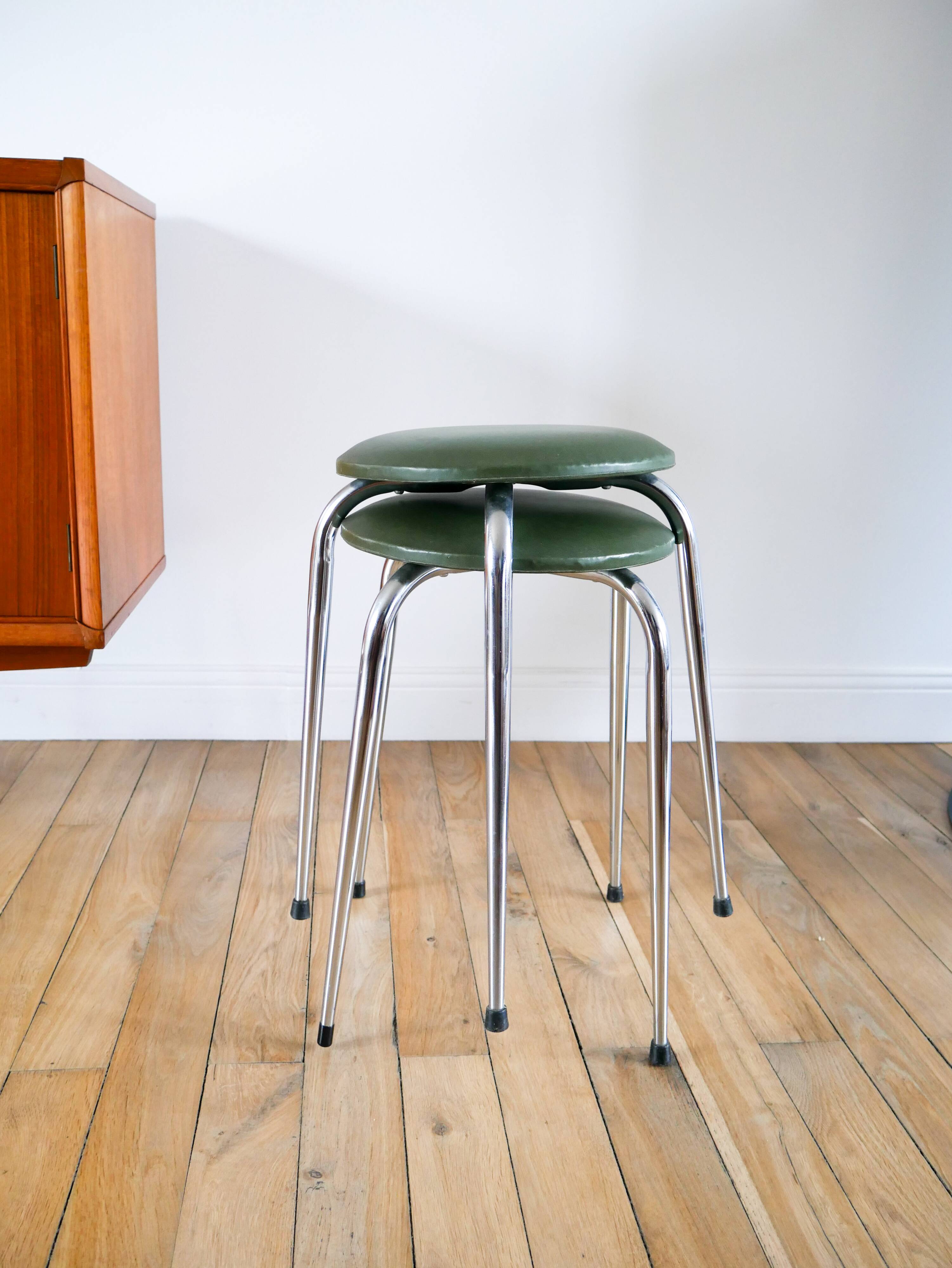 Pair of stools in chrome and bottle green skai, Made in France, Registered Model, 1970