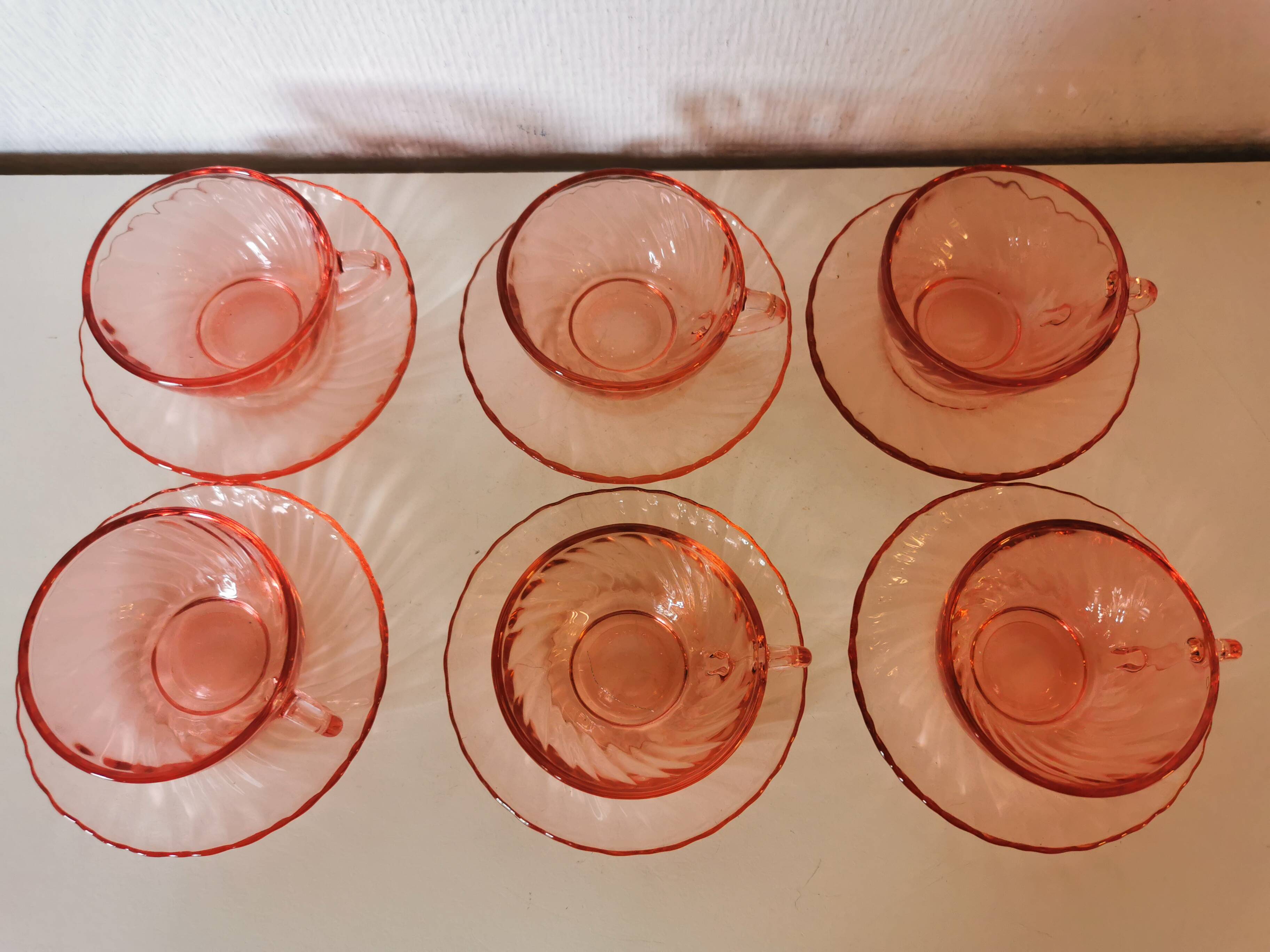 set of 6 pink glass coffee cups and saucers, rosaline