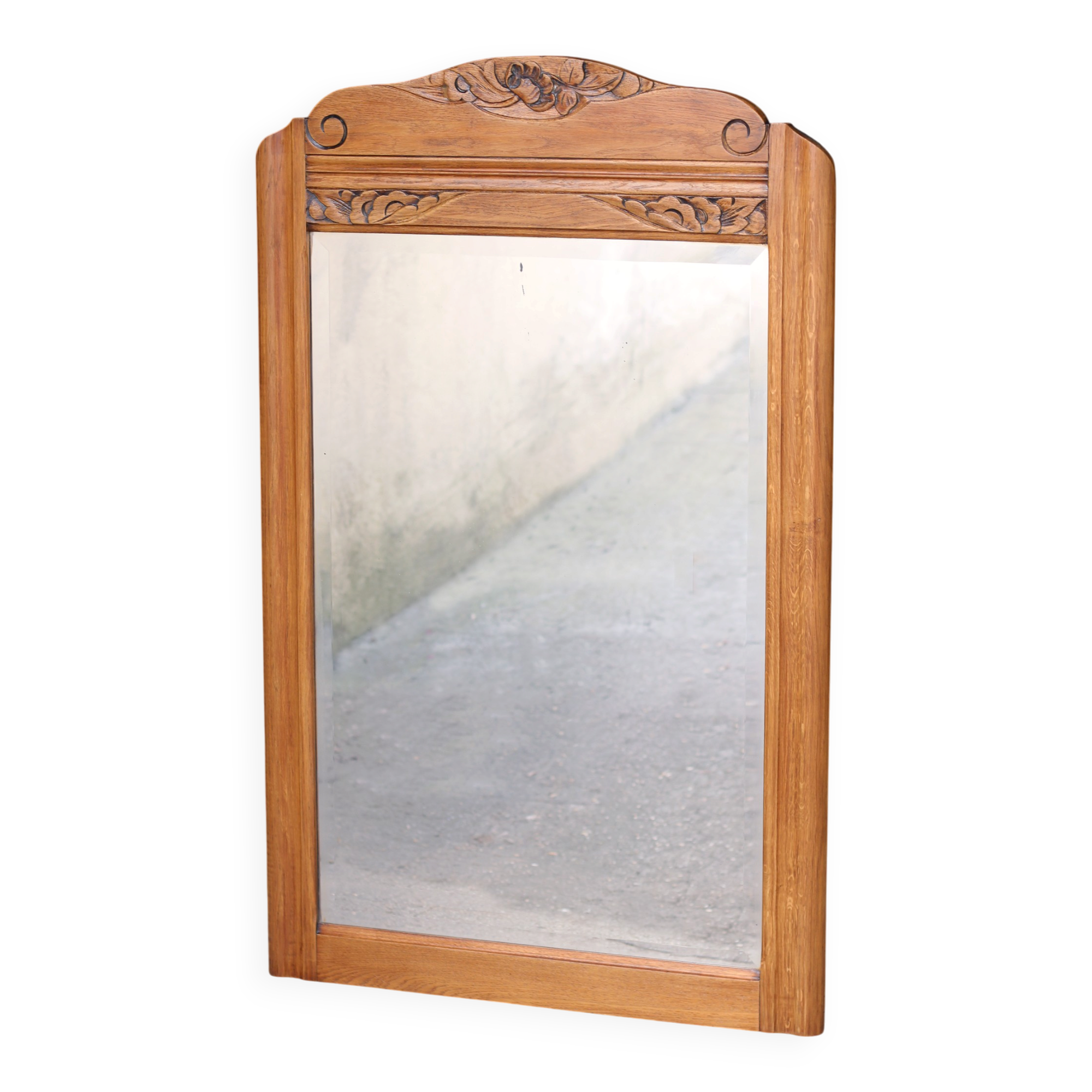 Art Deco fireplace mirror in light oak. Mercury glass.