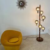 Old Scandinavian design wooden floor lamp from the 60s with 6 vintage lights