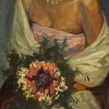 Tableau portrait d'une dame au bouquet de fleurs du 20ème siècle
