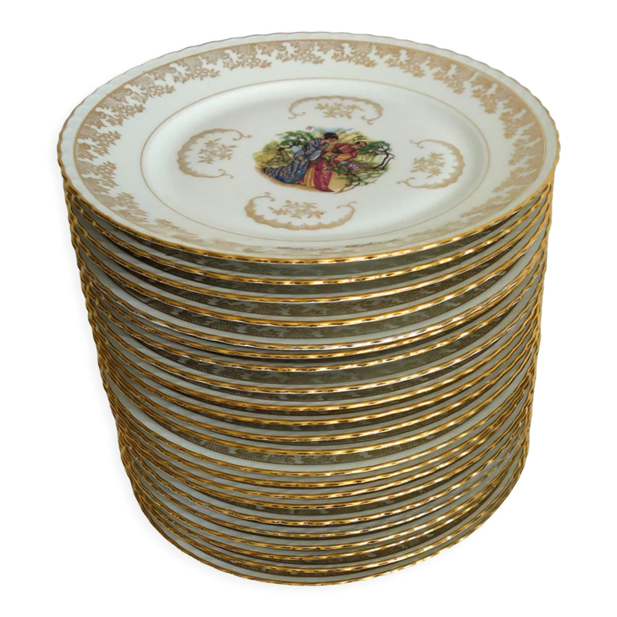 Set of 22 flat plates Limoges vintage Japanese motifs