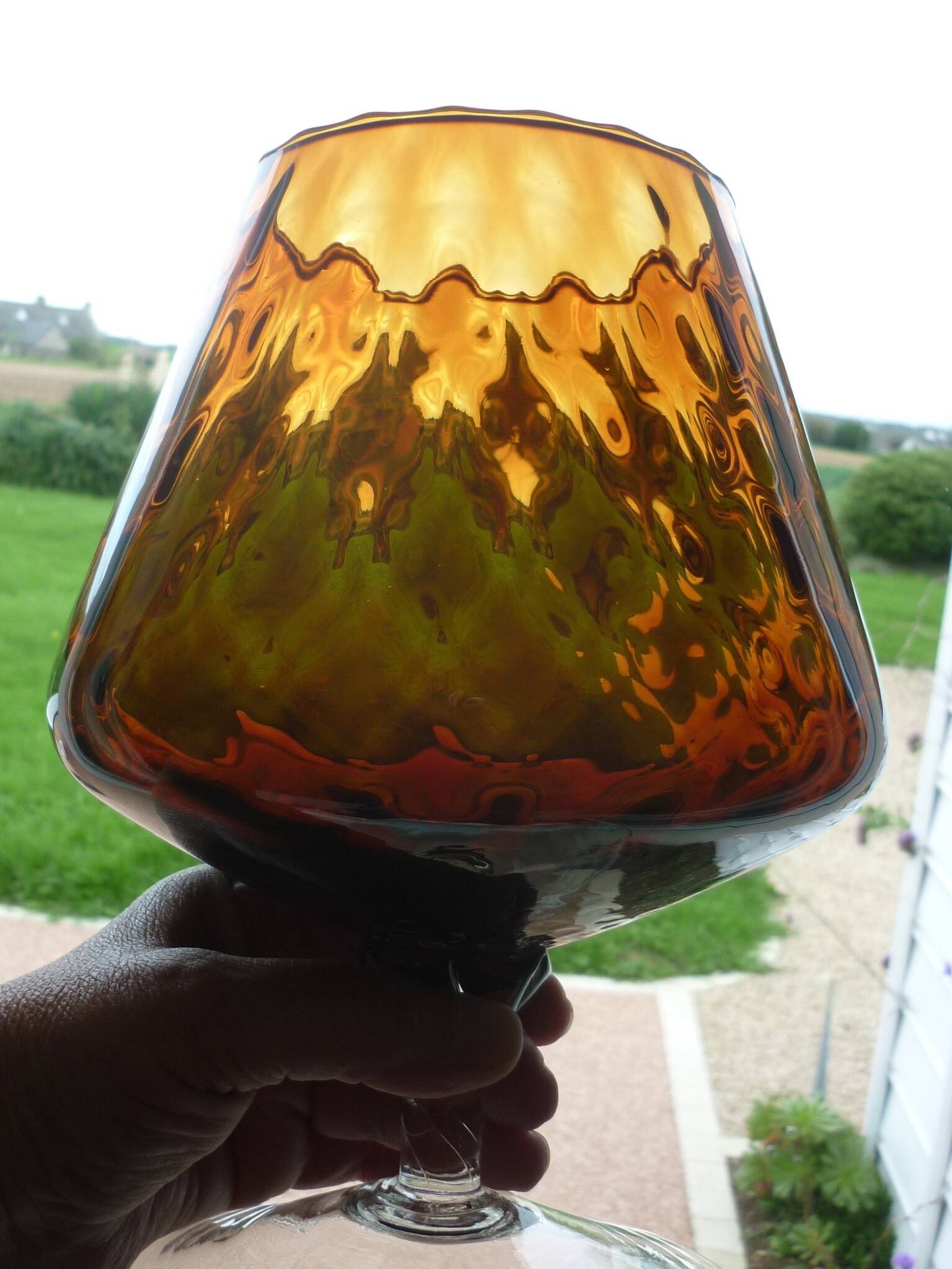 Vintage amber & clear glass footed vase