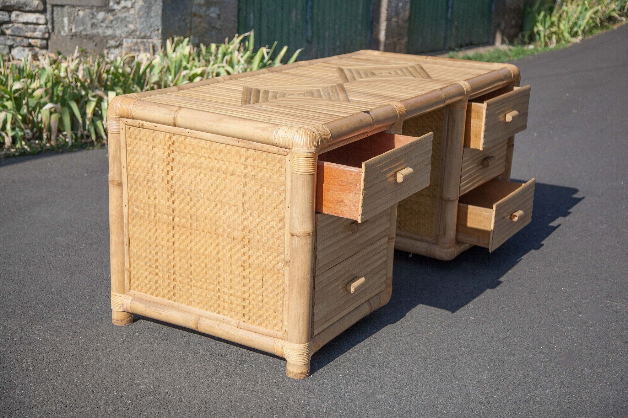 Bamboo desk, large drawer desk with chair, storage, bamboo furniture, interior decoration