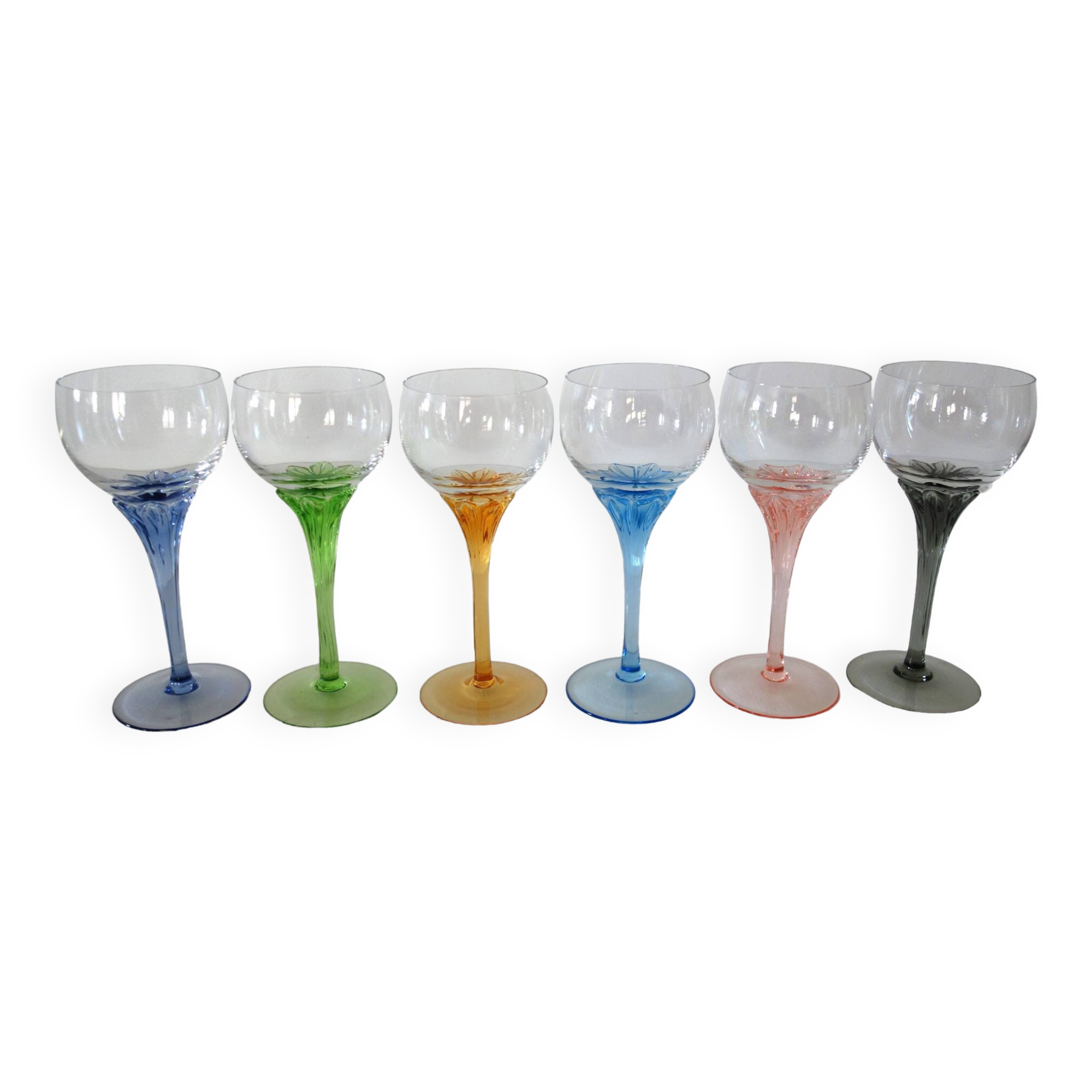 6 colorful vintage crystal wine glasses