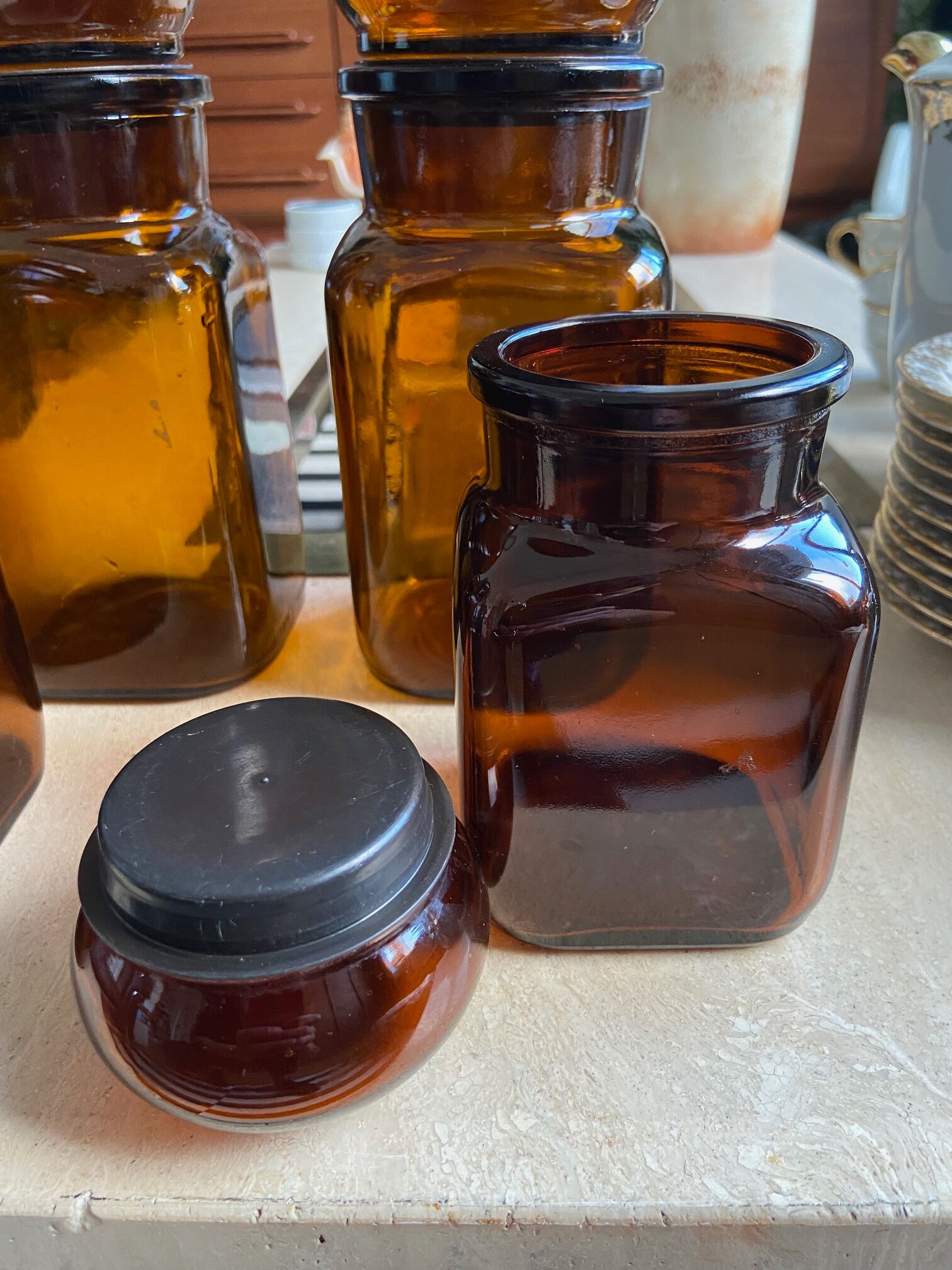 Set of 5 brown glass jars