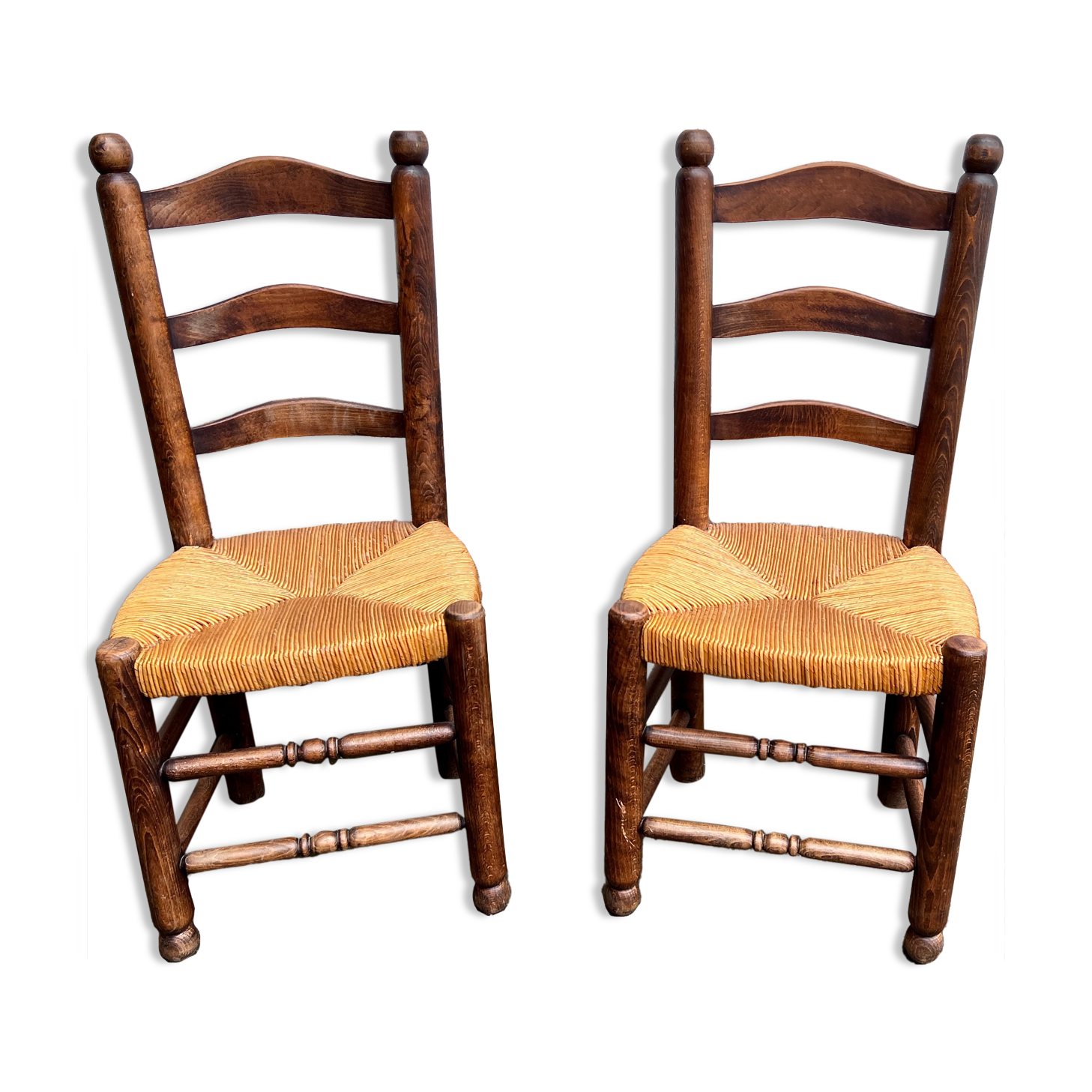 Pair of vintage Brutalist chairs made of wood and straw