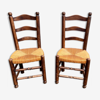 Pair of vintage Brutalist chairs made of wood and straw