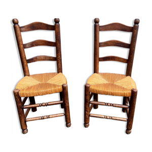 paire de chaises brutaliste vintage en bois et paille