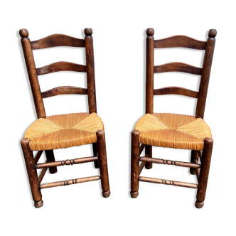 Pair of vintage Brutalist chairs made of wood and straw