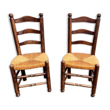 Pair of vintage Brutalist chairs made of wood and straw