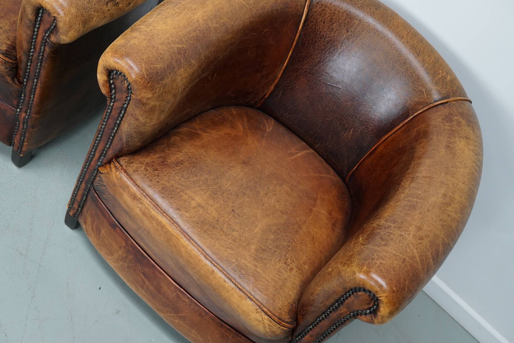 Fauteuils club vintage hollandais en cuir cognac, lot de trois