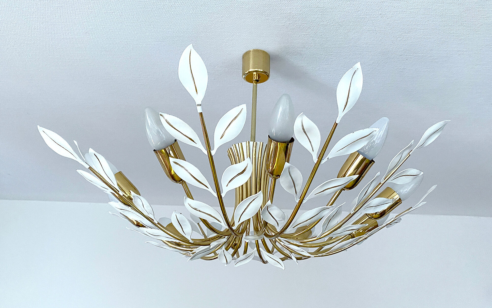 Large Pendant Lamp Vintage Pattern Bouquet Leaves, Brass, White Gold, 50s