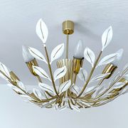 Large Pendant Lamp Vintage Pattern Bouquet Leaves, Brass, White Gold, 50s