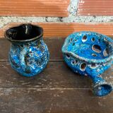 Pichet + Pan Charles CART Cyclope Ceramic Blue France Vintage #D5