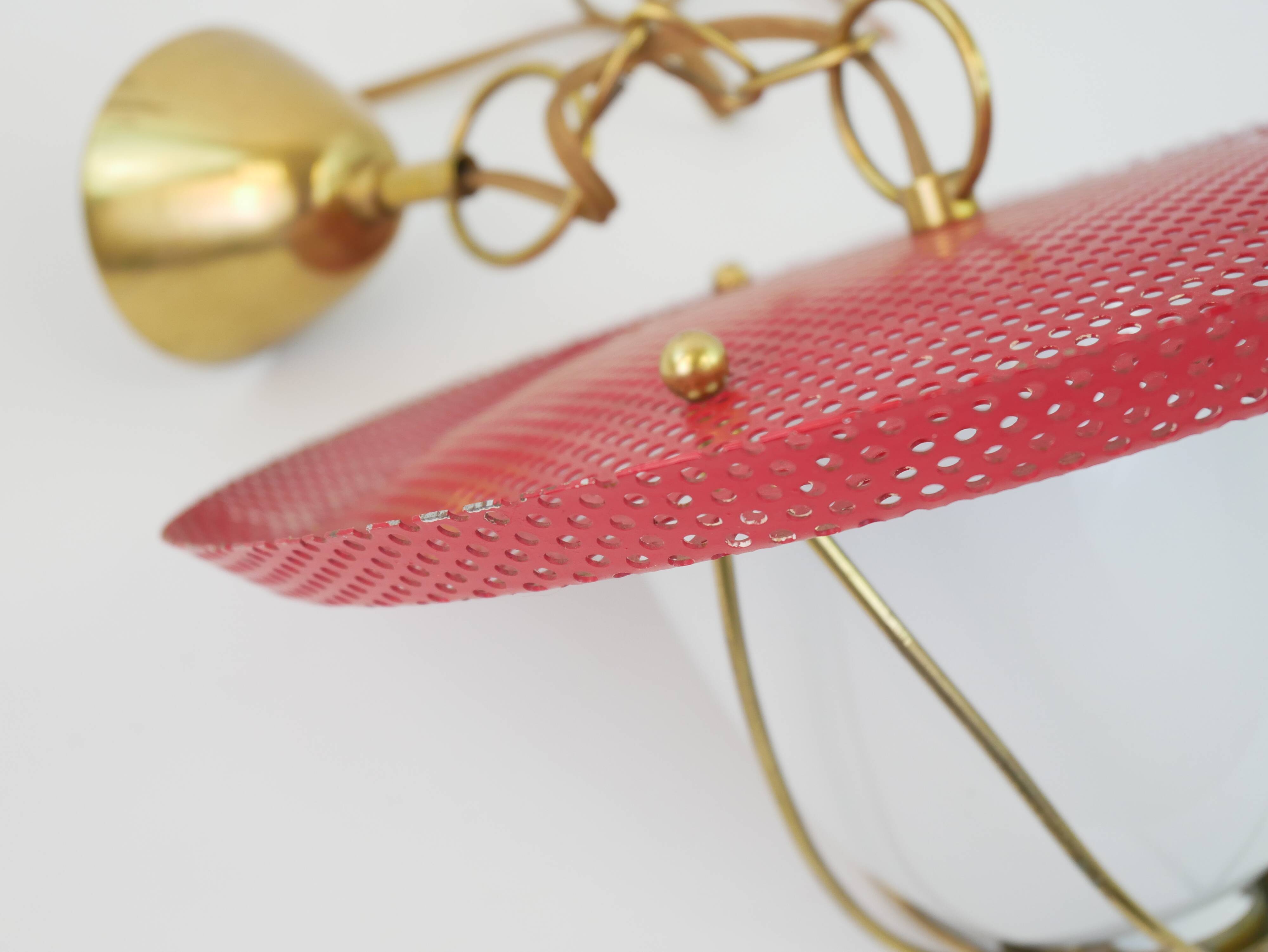 Suspension in perforated red lacquered metal, brass and opaline in the style of Mathieu Matégot