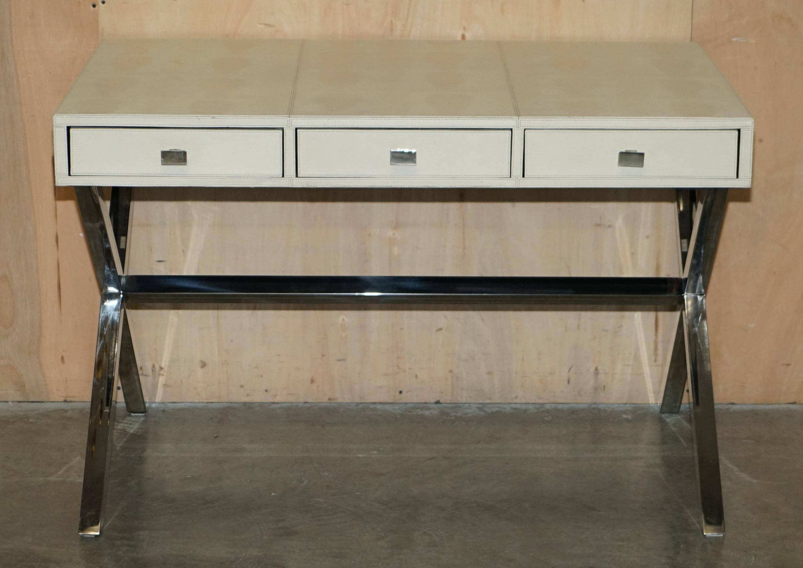 Vintage writing desk with chrome X-shaped top and patinated crocodile leather.