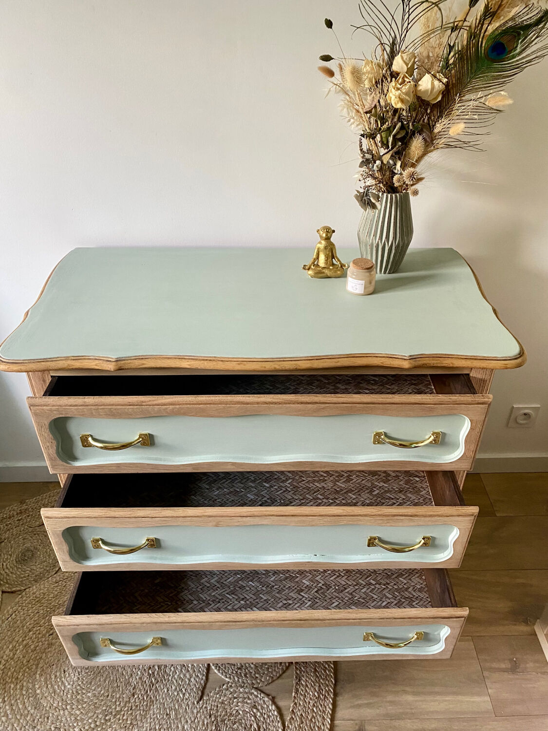 Vintage chest of drawers 3 drawers raw wood and sage green